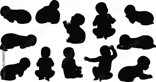 Flat vector, baby silhouette poses, crawling infant, sitting baby, lying posture, raised hands, expressive movement, black and white, infant behavior, developmental icons, playful baby, child motion