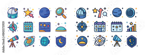 Colorful astronomy icons set featuring telescopes, planets, cale