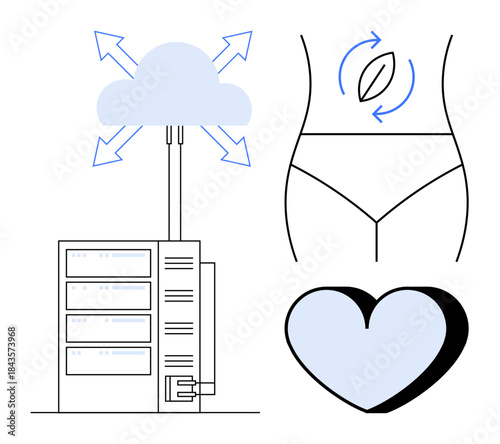 Cloud computing, data storage, eco-consciousness, sustainability, health, technology. Illustrated elements include a cloud server, a torso with a recycling icon and a heart design. Cloud computing