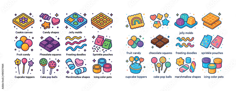 Fototapeta premium Colorful baking icons: cookies, candy, jelly molds, and frosting
