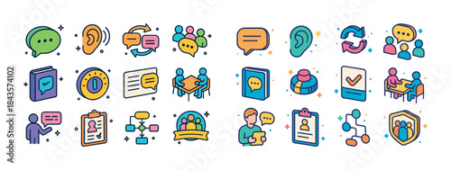 Colorful communication icons featuring speech bubbles and intera