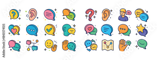 Colorful communication icons: chat bubbles, emojis, hearts, and