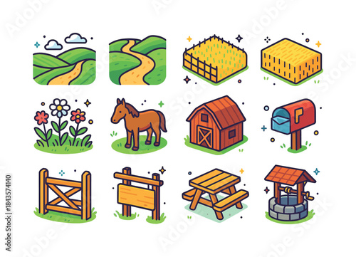 Isometric Countryside Icons. Countryside. Colorful isometric vec