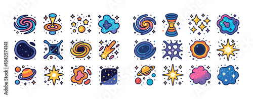 Colorful cartoon space icons featuring stars, planets, and galax