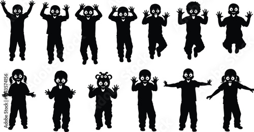 Flat vector, children silhouette icons, cartoon eyes, playful gesture, jumping pose, funny expression, 