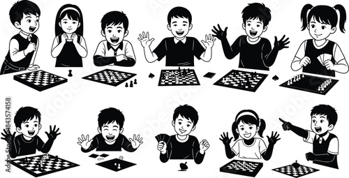 Flat vector, children game icons, chess silhouette, card play, dice roll, strategic posture, expressive gesture, 