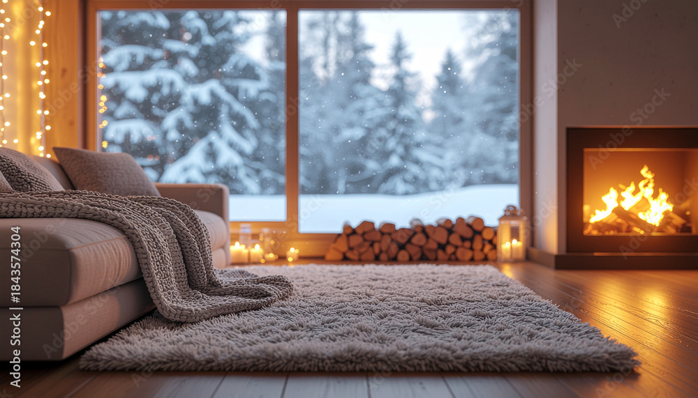 Fototapeta premium Cozy living room with a fireplace and a snowy forest view through the window.