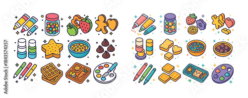 Colorful assortment of craft supplies and snacks in a playful ar