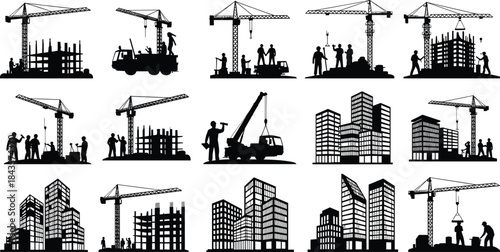 Flat vector, construction silhouette icons, building site, tower crane, worker activity, urban development,