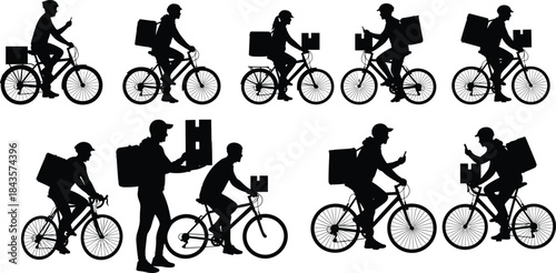 Flat vector, delivery cyclist icons, food courier, urban rider, backpack silhouette, phone usage, package handoff, bicycle motion, gig economy, black and white, service worker, mobile logistics