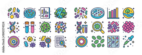 Colorful science icons: dna, microscope, bacteria, petri dish, t
