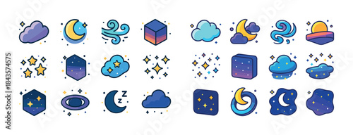 Colorful celestial icon set with clouds, moons, stars, and abstr