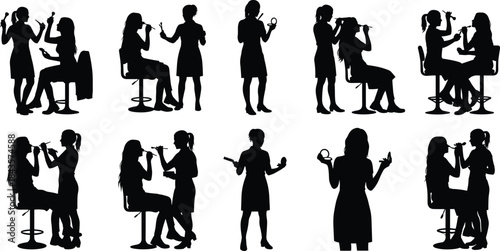 Flat vector, makeup artist silhouettes, beauty session, cosmetic tools, client makeover, brush application, stool pose, compact handling, salon scene, facial
