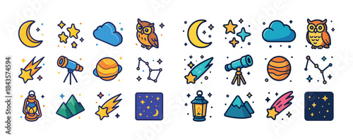 Colorful sky elements: moons, stars, telescopes, owls, planets,