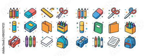 Colorful school supplies: pencils, crayons, notebooks, rulers, b