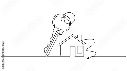 Key with house continuous one line art drawing animation. Private security symbol animated video