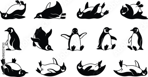 Flat vector, penguin silhouette icons, playful pose, belly slide, wing flap, sitting penguin, relaxed posture, black and white, animal behavior, icy movement, nature gesture, whimsical wildlife