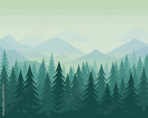 A tranquil forest scene features tall evergreen trees set against soft, misty mountains in a gradient of greenish hues, evoking a sense of peace and natural beauty.