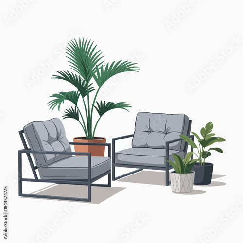 A cozy setup featuring two modern chairs beside potted plants, creating a relaxing atmosphere perfect for unwinding or socializing in a contemporary space.