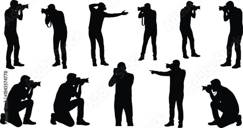 Flat vector, photographer silhouette poses, camera handling, photo stance, kneeling shot, standing aim, 