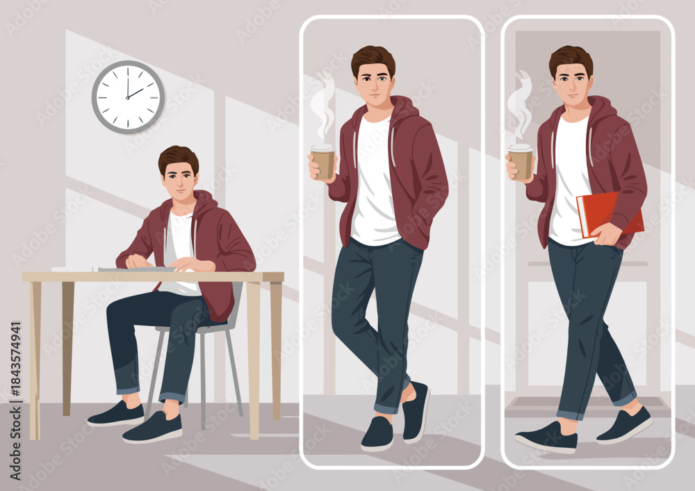 Obraz premium A young man sits at a table, studying, with a coffee cup in hand. The room is bright and inviting, showcasing a blend of workspace and home comfort for productivity.
