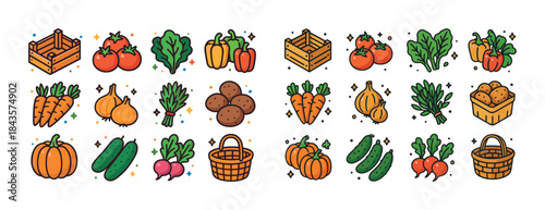 Colorful cartoon vegetables and baskets with sparkles
