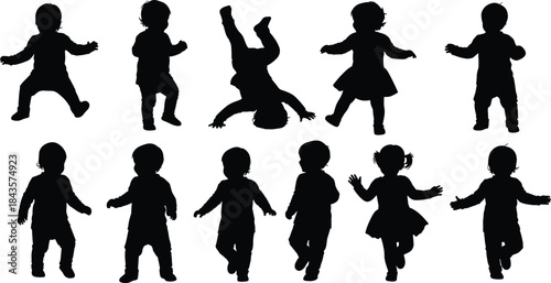 Flat vector, toddler silhouette icons, playful pose, walking child, dancing gesture, headstand moment, expressive posture, black and white, child movement, 