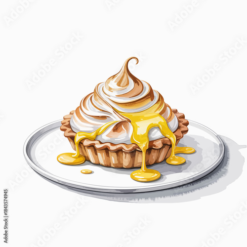 A beautifully crafted lemon meringue tart showcasing a golden filling that cascades down the sides, adorned with swirls of fluffy meringue on top, perfect for dessert lovers.