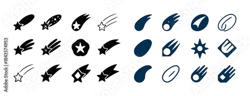 Collection of comet and shooting star icons in various styles an