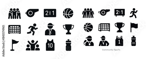 Community sports icons: soccer, basketball, scoreboard, team, tr