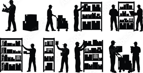 Flat vector, warehouse silhouette icons, inventory handling, box scanning, shelf organizing, logistics 