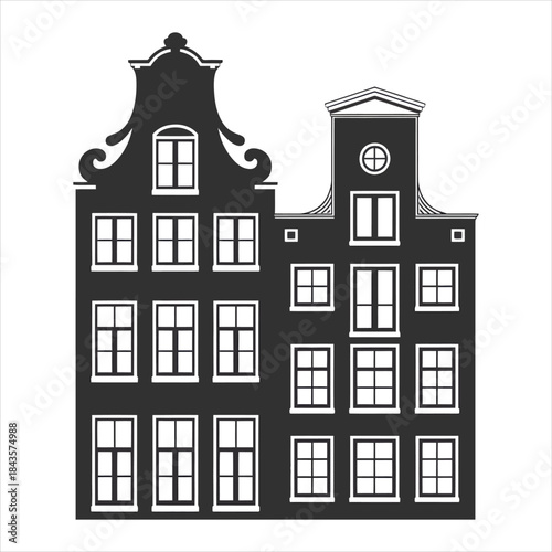 Two black vintage dutch canal house silhouettes showcase traditional architecture, remaining on a transparent background
