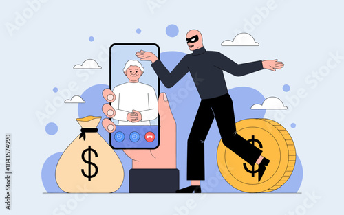 This illustration depicts a hand holding a smartphone, showing a smiling older person on the screen as a disguised figure approaches, symbolizing the threat of scams targeting seniors.