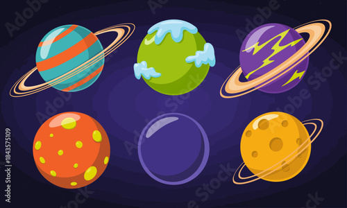 A collection of cartoon planets in vibrant colors float in a whimsical outer space setting, designed to capture the imagination and wonder of the universe.