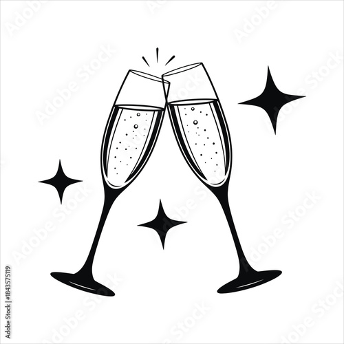 Two monochrome champagne flutes clink together amid sparkling star shapes, creating a transparent background