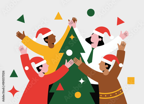 A festive scene of diverse individuals joyfully celebrating around a decorated Christmas tree, encapsulating the spirit of joy, togetherness, and holiday cheer during the holiday season.