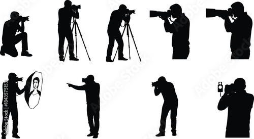 Photographer silhouettes, camera, tripod, portrait, reflector, light meter, shooting pose, cad drawing, flat vector