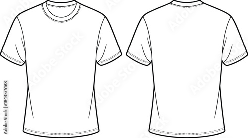 Plain t-shirt flat sketch, short sleeve tee, front back view, cad drawing flat vector