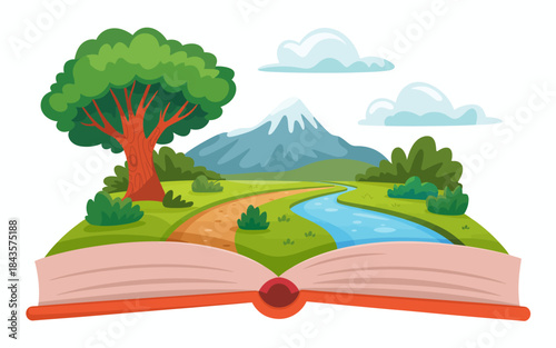 An open book displays a vibrant landscape with a tree, a winding path, and a river, evoking feelings of adventure, nature, and storytelling in a whimsical manner.