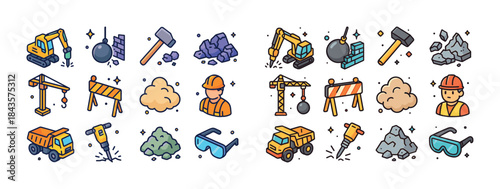 Colorful construction icons: equipment, machinery, and workers i
