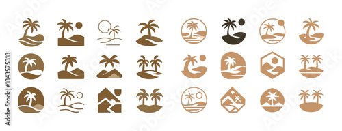 Tropical island palm tree logos in various geometric designs