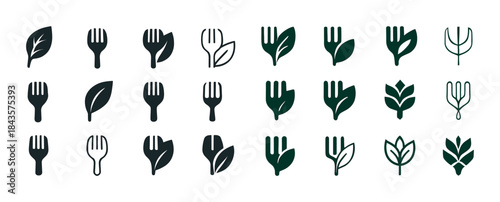 Eco-friendly fork and leaf icons set in various designs