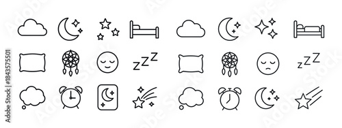Sleep icons set: moon, stars, pillows, alarms, dreams, clouds, b