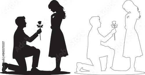 Romantic Couple Proposal Silhouettes with Rose Vector Graphic isolated PNG with Transparent Background