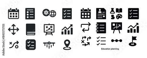 Education planning icons: charts, calendars, diagrams, and check
