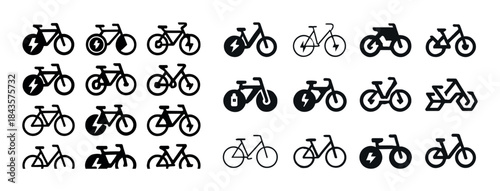 Collection of electric and traditional bicycle icons in differen