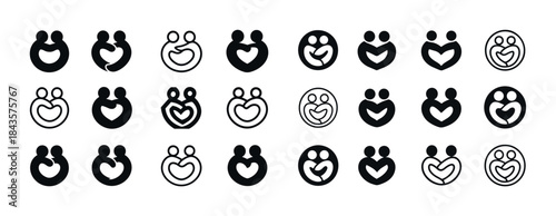 Heart icon variations - family and love symbol set in black and