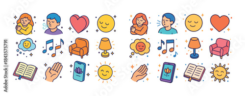 Colorful relaxation and mindfulness symbols featuring diverse ch