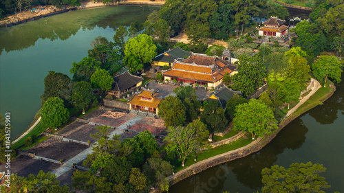 Quadro em tela Aerial view of the Tomb of Tu Duc, an imperial tomb from the Nguyen Dynasty in Hue, Vietnam, surrounded by forest, lakes, and traditional Vietnamese architecture