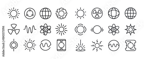Simple line art icons of suns, radiation symbols, and atomic des